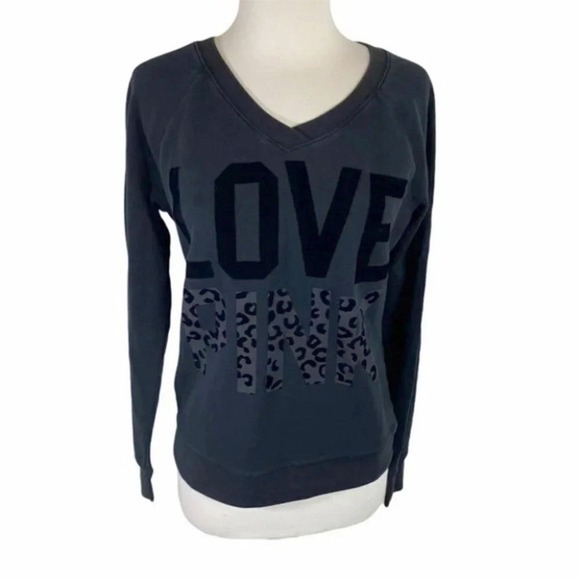 PINK Victoria's Secret Tops - Pink Victoria's Secret Sweatshirt S Black Leopard‎ Love Graphic V-Neck Pullover